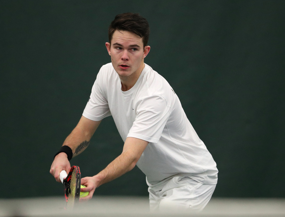 Iowa's Jonas Larsen against North Dakota Friday, January 25, 2019 at the Hawkeye Tennis and Recreation Complex. (Brian Ray/hawkeyesports.com)