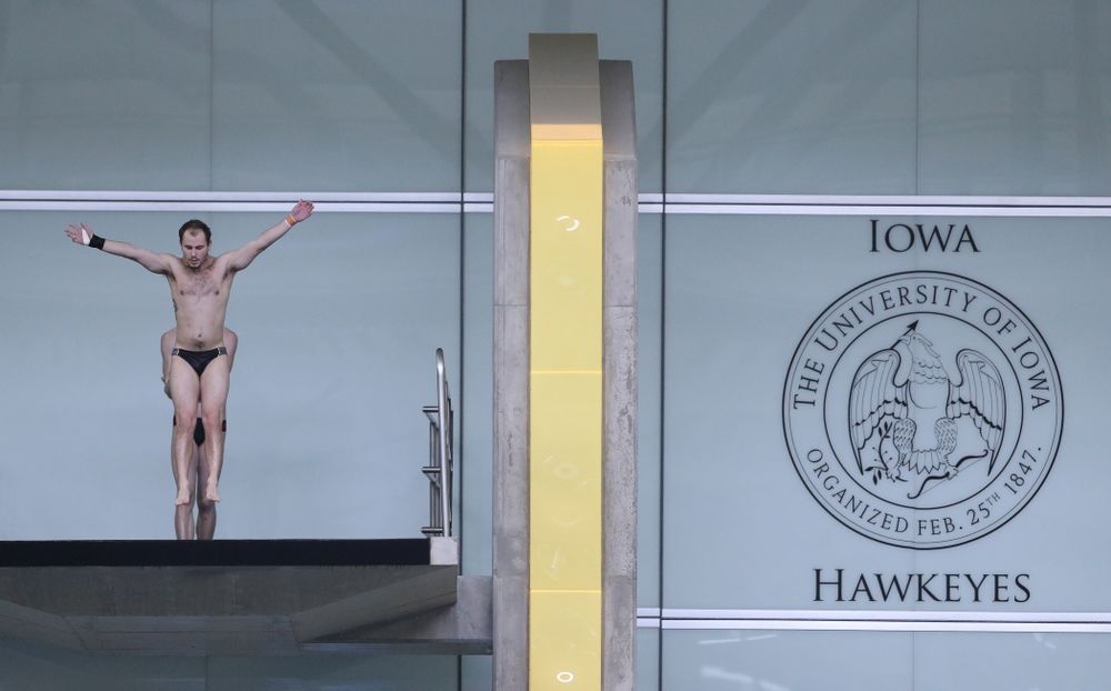 Iowa's Anton Hoherz competes on the platform during the 2019 Big Ten Men's Swimming and Diving Championships Saturday, March 2, 2019 at the Campus Wellness and Recreation Center. (Brian Ray/hawkeyesports.com)