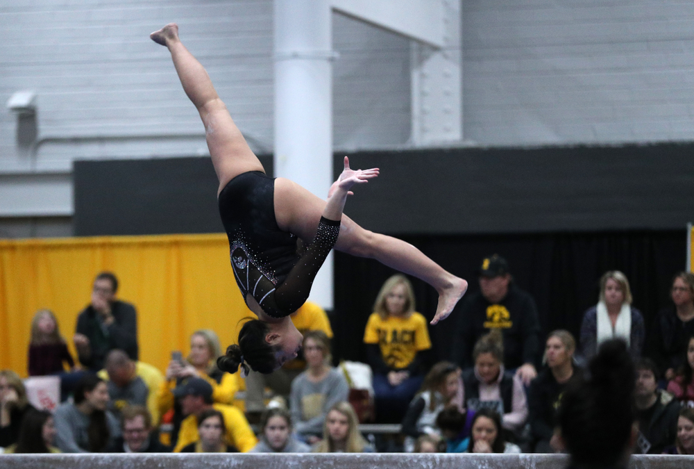 Clair Kaji competes on the beam during the Black and Gold intrasquad meet Saturday, December 1, 2018 at the University of Iowa Field House. (Brian Ray/hawkeyesports.com)