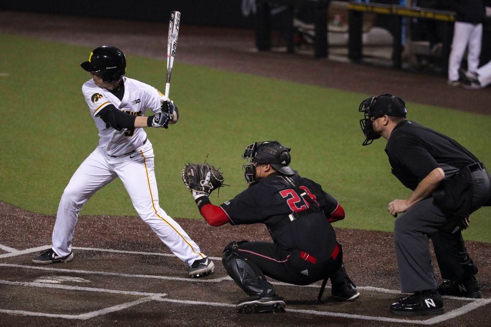 Iowa outfielder Zeb Adreon at game 1 vs Rutgers on Friday, April 5, 2019 at Duane Banks Field. (Lily Smith/hawkeyesports.com)