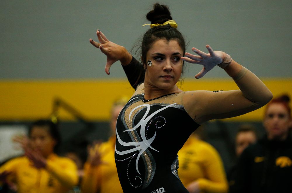 Nikki Youd competes in the floor exercise during the Black and Gold Intrasquad meet at the Field House on 12/2/17. (Tork Mason/hawkeyesports.com)