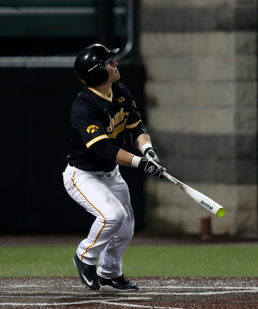Iowa Hawkeyes catcher Tyler Cropley (5) hits a walk off grand slam against the Bradley Braves Wednesday, March 28, 2018 at Duane Banks Field. (Brian Ray/hawkeyesports.com)