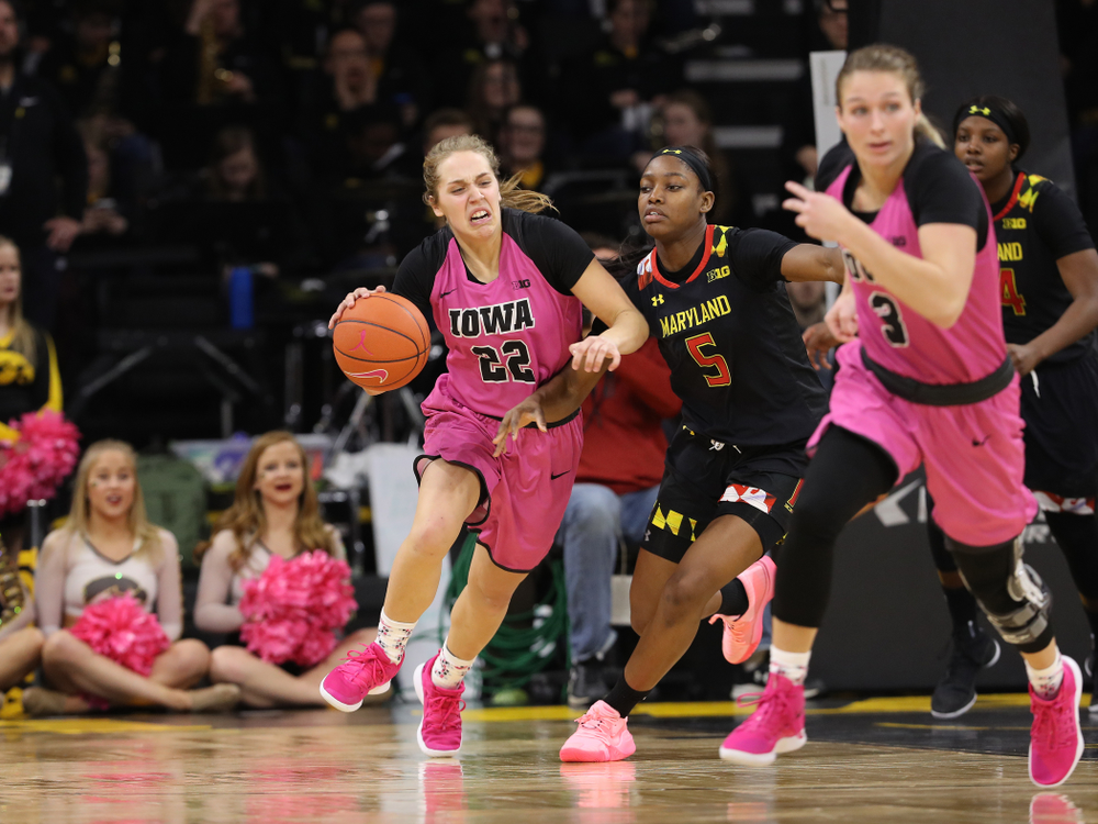 Iowa Hawkeyes guard Kathleen Doyle (22) against the seventh ranked Maryland Terrapins Sunday, February 17, 2019 at Carver-Hawkeye Arena. (Brian Ray/hawkeyesports.com)