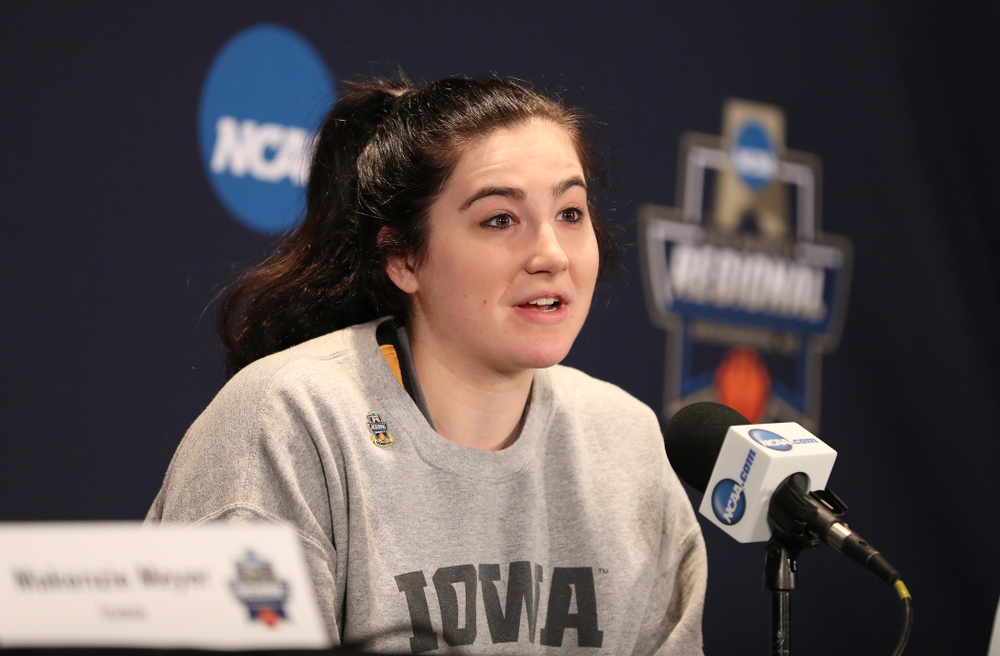 Iowa Hawkeyes forward Megan Gustafson (10) during media and practice as they prepare for their Sweet 16 matchup against NC State Friday, March 29, 2019 at the Greensboro Coliseum in Greensboro, NC.(Brian Ray/hawkeyesports.com)