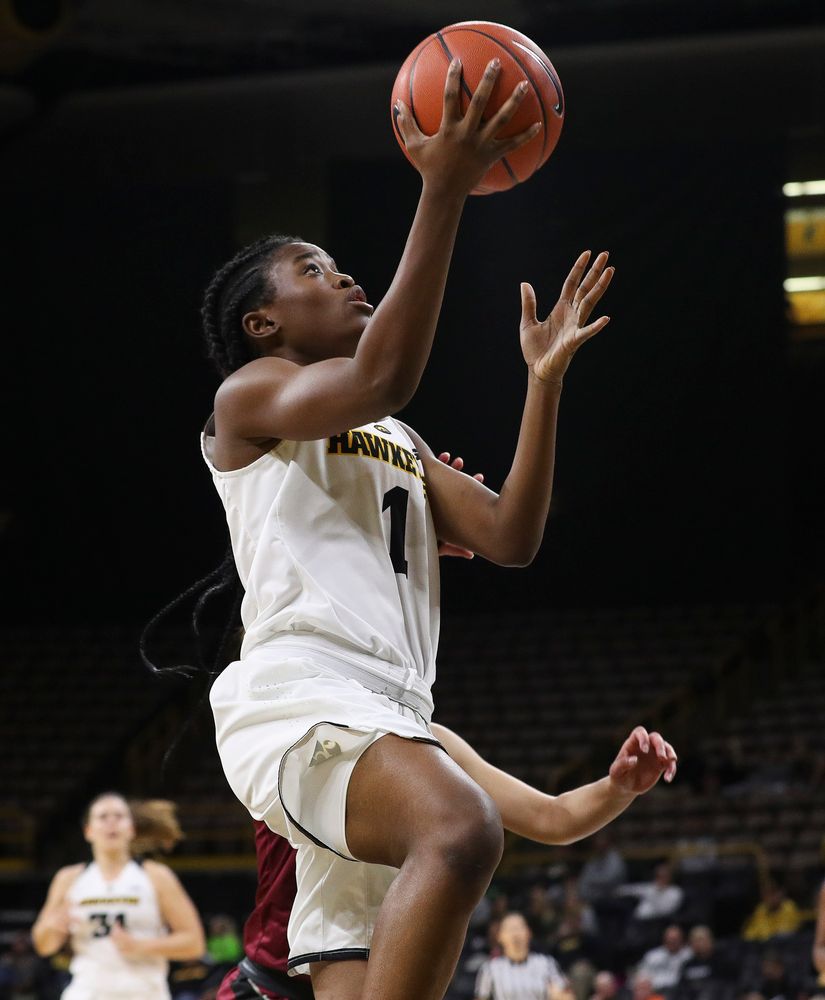 Iowa Hawkeyes guard Tomi Taiwo (1) goes up for a layup during a game against North Carolina Central at Carver-Hawkeye Arena on November 17, 2018. (Tork Mason/hawkeyesports.com)