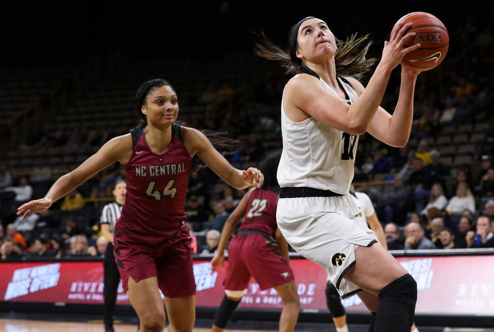 Iowa Hawkeyes forward Megan Gustafson (10) goes up for a layup during a game against North Carolina Central at Carver-Hawkeye Arena on November 17, 2018. (Tork Mason/hawkeyesports.com)