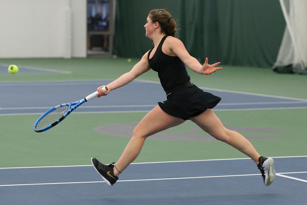 Iowa’s Erika Dodridge returns a hit during the Iowa women’s tennis meet vs UNI on Saturday, February 29, 2020 at the Hawkeye Tennis and Recreation Complex. (Lily Smith/hawkeyesports.com)