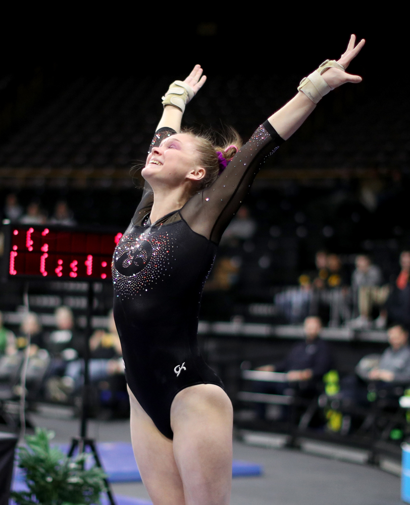Iowa’s Allyson Steffensmeier competes on the vault against Michigan Friday, February 14, 2020 at Carver-Hawkeye Arena. (Brian Ray/hawkeyesports.com)