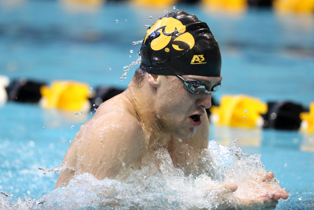 Iowa's Caleb Babb swims the breaststroke leg of the 200 yard medley relay during a double dual against Wisconsin and Northwestern Saturday, January 19, 2019 at the Campus Recreation and Wellness Center. (Brian Ray/hawkeyesports.com)