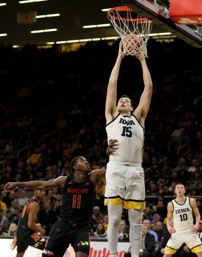 Iowa Hawkeyes forward Ryan Kriener (15) against the Maryland Terrapins Friday, January 10, 2020 at Carver-Hawkeye Arena. (Brian Ray/hawkeyesports.com)