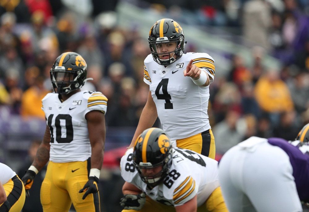 Iowa Hawkeyes quarterback Nate Stanley (4) against the Northwestern Wildcats Saturday, October 26, 2019 at Ryan Field in Evanston, Ill. (Brian Ray/hawkeyesports.com)
