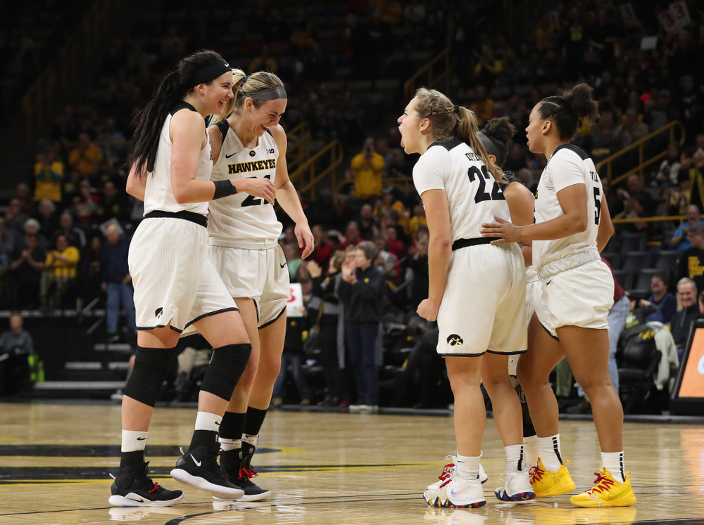 Iowa Hawkeyes forward Megan Gustafson (10), forward Hannah Stewart (21), and guard Kathleen Doyle (22) against the Purdue Boilermakers Sunday, January 27, 2019 at Carver-Hawkeye Arena. (Brian Ray/hawkeyesports.com)