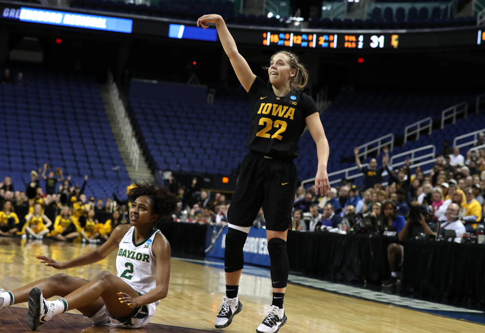 Iowa Hawkeyes guard Kathleen Doyle (22) against the Baylor Lady Bears in the regional final of the 2019 NCAA Women's College Basketball Tournament Monday, April 1, 2019 at Greensboro Coliseum in Greensboro, NC.(Brian Ray/hawkeyesports.com)