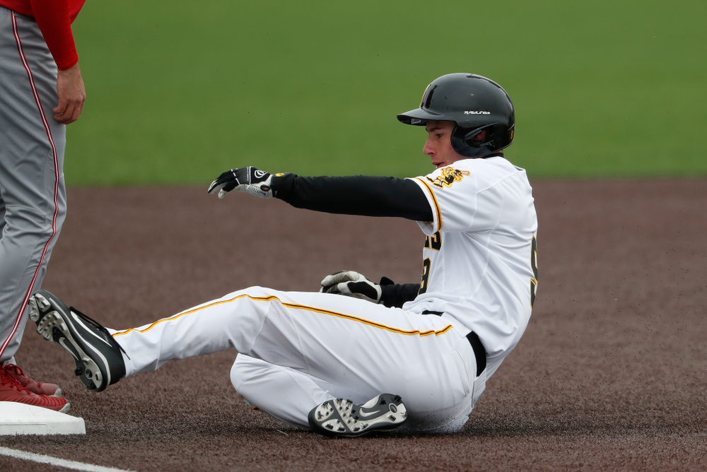 Iowa Hawkeyes outfielder Ben Norman (9) during a double header against the Indiana Hoosiers Friday, March 23, 2018 at Duane Banks Field. (Brian Ray/hawkeyesports.com)
