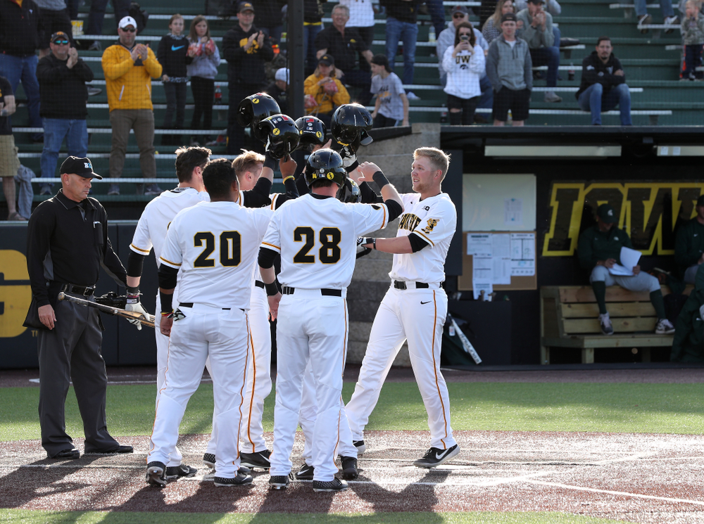 Iowa Hawkeyes Zeb Adreon (5) celebrates after hitting a grand slam against the Michigan State Spartans Friday, May 10, 2019 at Duane Banks Field. (Brian Ray/hawkeyesports.com)