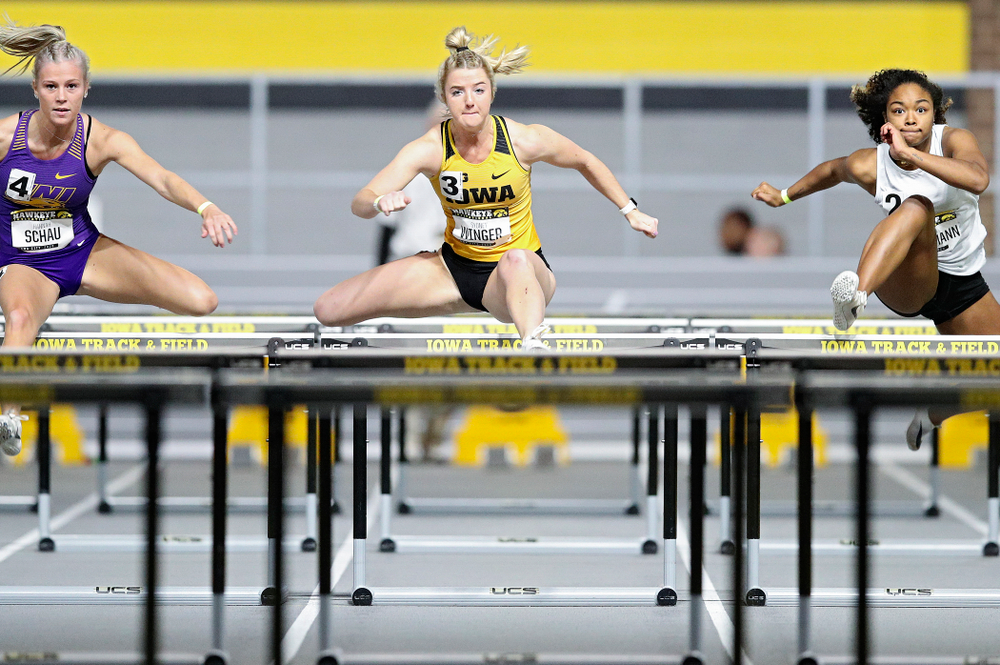 Iowa’s Sydney Winger runs in the women’s 60 meter hurdles prelim event during the Hawkeye Invitational at the Recreation Building in Iowa City on Saturday, January 11, 2020. (Stephen Mally/hawkeyesports.com)