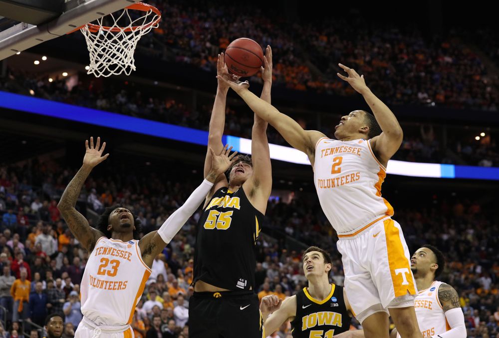 Iowa Hawkeyes forward Luka Garza (55) against the Tennessee Volunteers in the second round of the 2019 NCAA Men's Basketball Tournament Sunday, March 24, 2019 at Nationwide Arena in Columbus, Ohio. (Brian Ray/hawkeyesports.com)