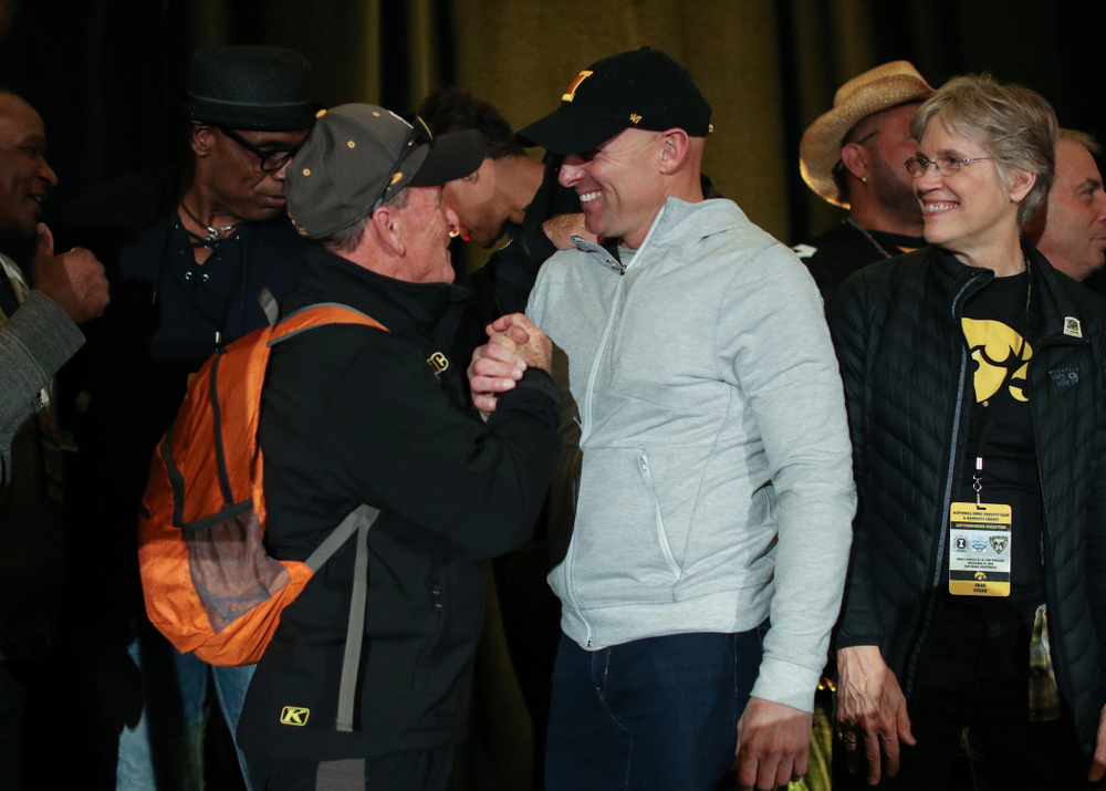 Tim Dwight and other letter winners are introduced during the Holiday Bowl Hawkeye Huddle Thursday, December 26, 2019 at the Hilton in downtown San Diego. (Brian Ray/hawkeyesports.com)