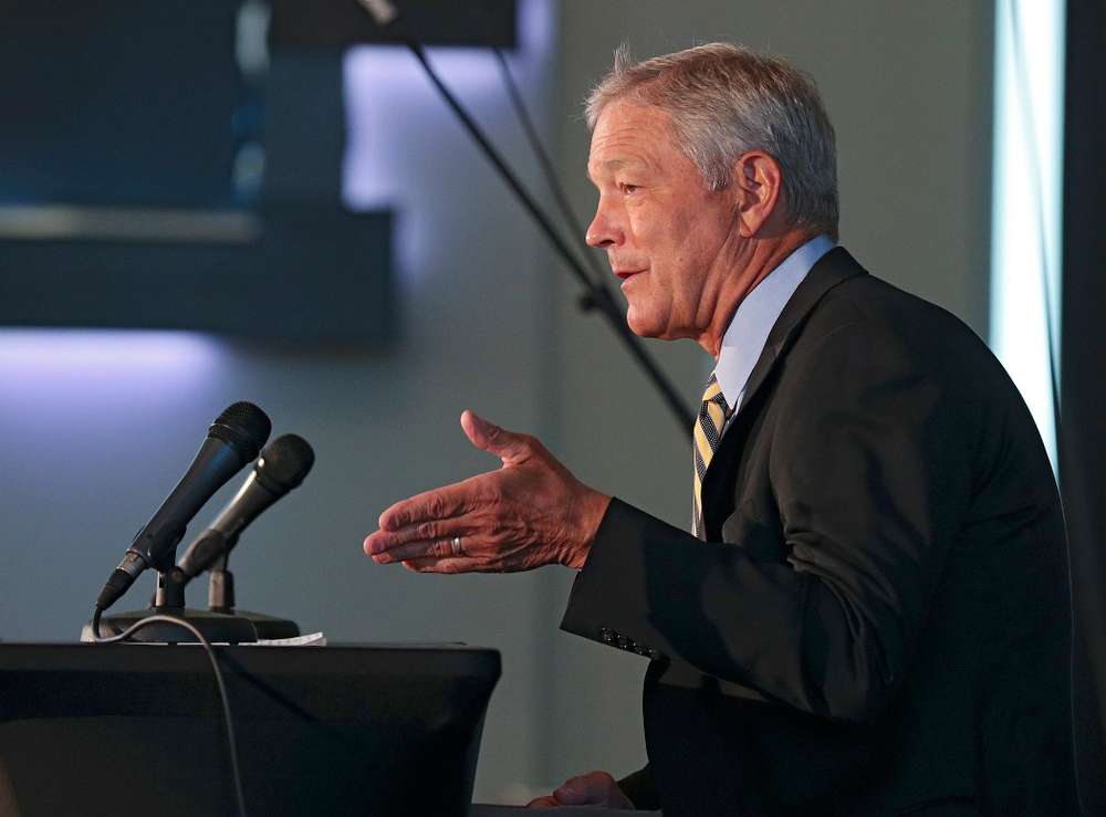 Iowa Hawkeyes head coach Kirk Ferentz answers questions during Iowa Football Media Day at Carver-Hawkeye Arena in Iowa City on Friday, Aug 9, 2019. (Stephen Mally/hawkeyesports.com)