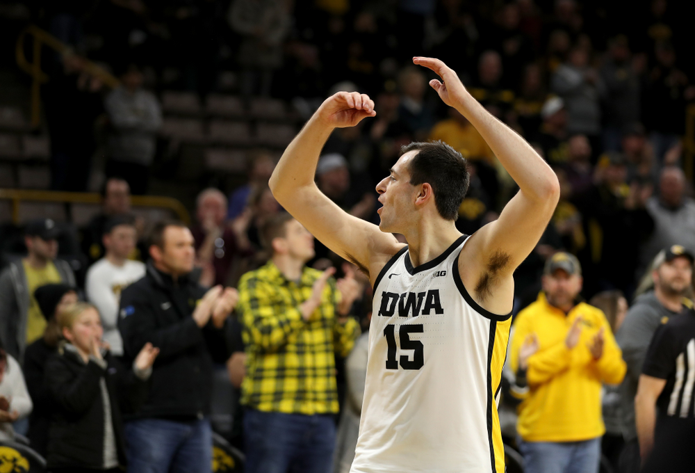 Iowa Hawkeyes forward Ryan Kriener (15) against the Maryland Terrapins Friday, January 10, 2020 at Carver-Hawkeye Arena. (Brian Ray/hawkeyesports.com)