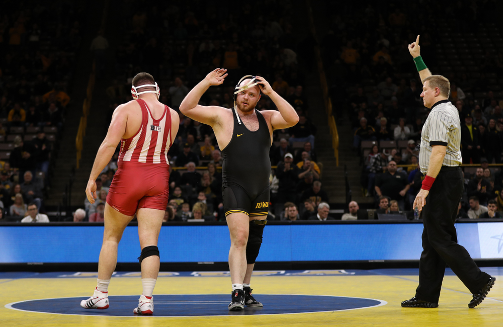 Iowa's Sam Stoll wrestles Indiana's Fletcher Miller at heavyweight Friday, February 15, 2019 at Carver-Hawkeye Arena. (Brian Ray/hawkeyesports.com)
