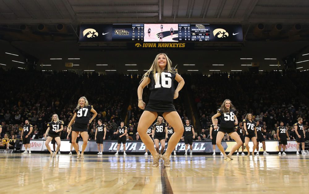 The Iowa Dance Team performs with the Iowa Football Team at halftime of the Iowa Hawkeyes game against the Indiana Hoosiers Friday, February 22, 2019 at Carver-Hawkeye Arena. (Brian Ray/hawkeyesports.com)