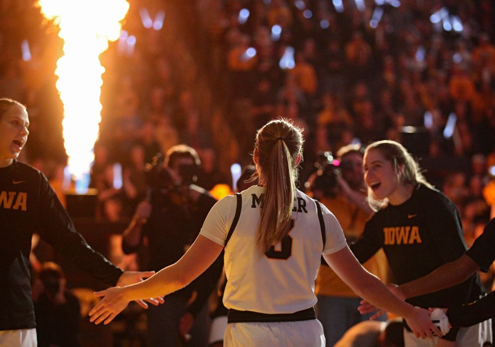 Iowa Hawkeyes guard Makenzie Meyer (3) is introduced before the game at Carver-Hawkeye Arena in Iowa City on Thursday, February 6, 2020. (Stephen Mally/hawkeyesports.com)