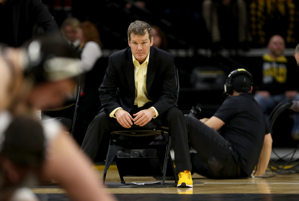 Head Coach Tom Brands works the edge of the mat as Iowa’s Tony Cassioppi wrestles Ohio State’s Gary Traub at heavyweight Friday, January 24, 2020 at Carver-Hawkeye Arena. Cassioppi won the match 9-3. (Brian Ray/hawkeyesports.com)