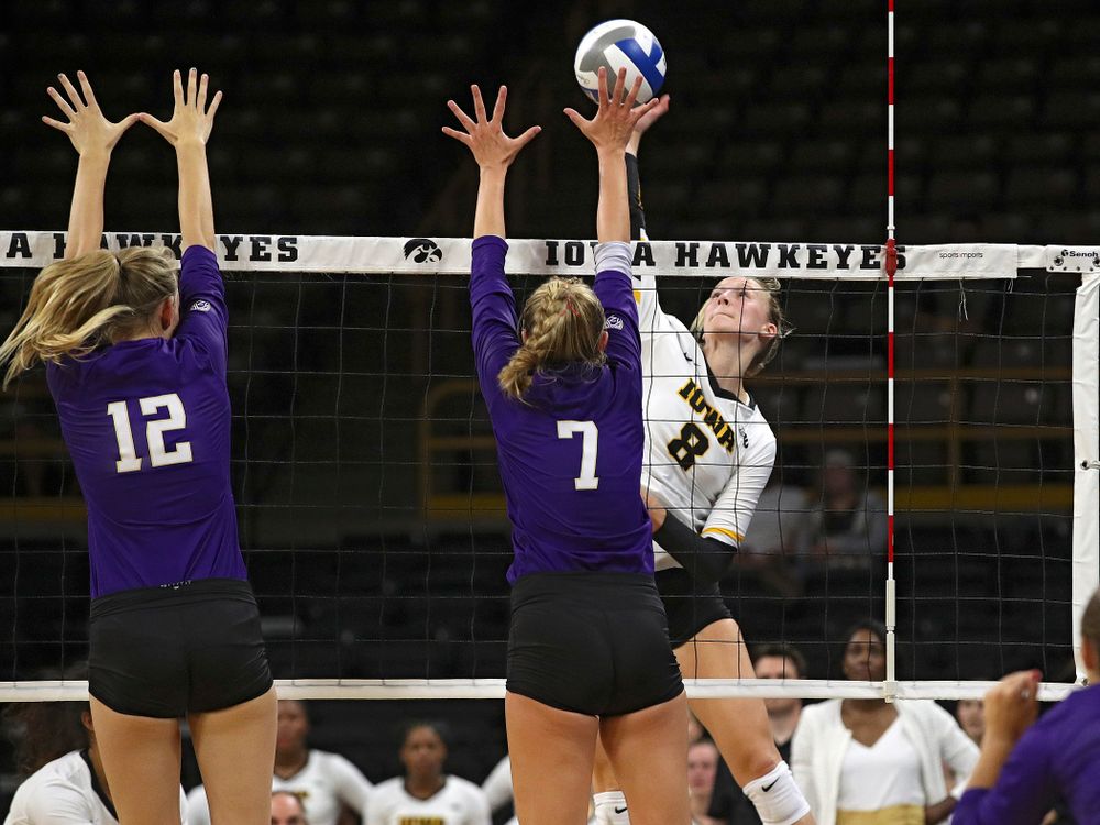 Iowa’s Kyndra Hansen (8) goes up for a kill during their Big Ten/Pac-12 Challenge match at Carver-Hawkeye Arena in Iowa City on Saturday, Sep 7, 2019. (Stephen Mally/hawkeyesports.com)