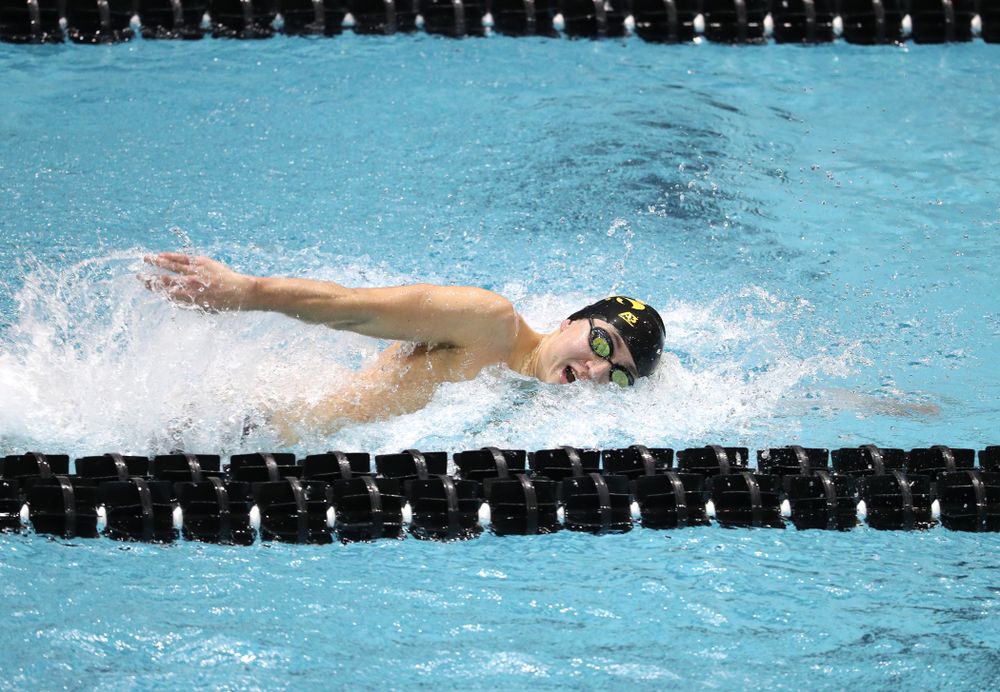Iowa's Michael Tenney swims the third leg of the 800 freestyle relay at the 2019 Big Ten Swimming and Diving meet Wednesday, February 27, 2019 at the Campus Wellness and Recreation Center. (Brian Ray/hawkeyesports.com)