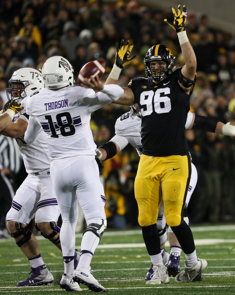 Iowa Hawkeyes defensive lineman Matt Nelson (96) rushes the quarterback during a game against Northwestern at Kinnick Stadium on November 10, 2018. (Tork Mason/hawkeyesports.com)