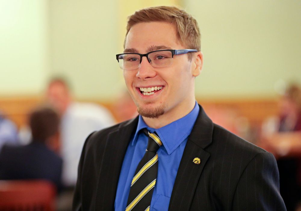Iowa's Spencer Lee talks with people before being honored at the Iowa State Capitol Building on Tuesday, Apr. 9, 2019. (Stephen Mally/hawkeyesports.com)