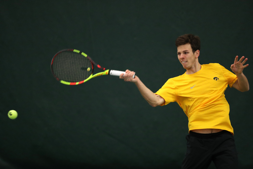 Piotr Smietana against the Butler Bulldogs Sunday, January 27, 2019 at the Hawkeye Tennis and Recreation Complex. (Brian Ray/hawkeyesports.com)