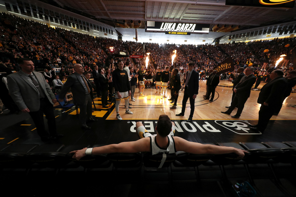 Iowa Hawkeyes forward Luka Garza (55) waits to be introduced before their game against Penn State Saturday, February 29, 2020 at Carver-Hawkeye Arena. (Brian Ray/hawkeyesports.com)
