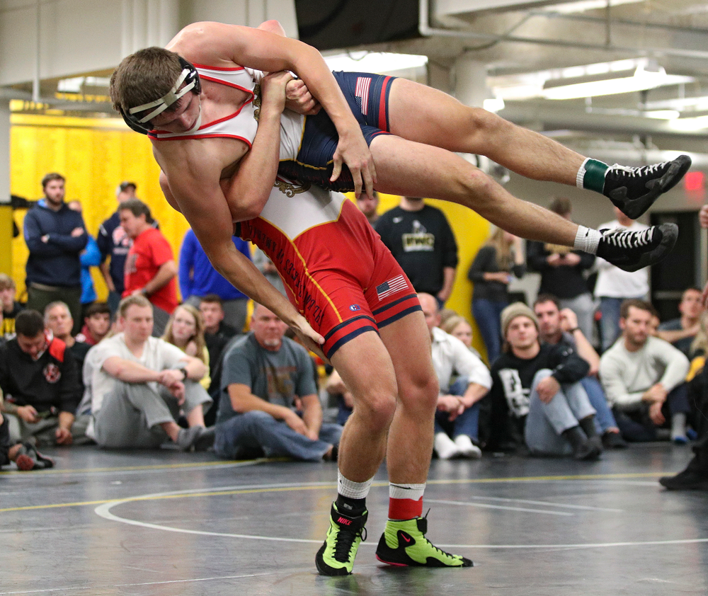 Iowa’s Jacob Warner (bottom) lifts Zach Glazier during their preseason match at the Dan Gable Wrestling Complex at Carver-Hawkeye Arena in Iowa City on Thursday, Nov 7, 2019. (Stephen Mally/hawkeyesports.com)