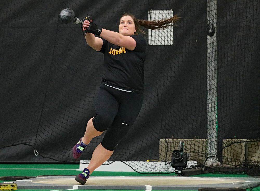 Iowa’s Jamie Kofron throws in the women’s weight throw event during the Larry Wieczorek Invitational at the Hawkeye Tennis and Recreation Complex in Iowa City on Friday, January 17, 2020. (Stephen Mally/hawkeyesports.com)