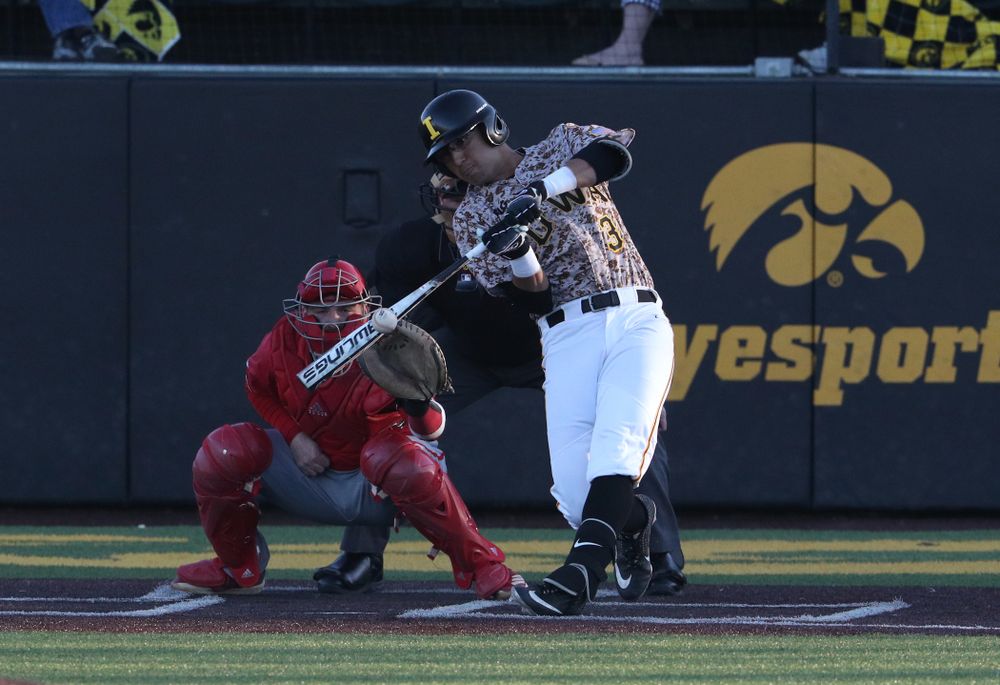 Iowa Hawkeyes infielder Matthew Sosa (31) against the Nebraska Cornhuskers on Military Appreciation Night Friday, April 19, 2019 at Duane Banks Field. (Brian Ray/hawkeyesports.com)