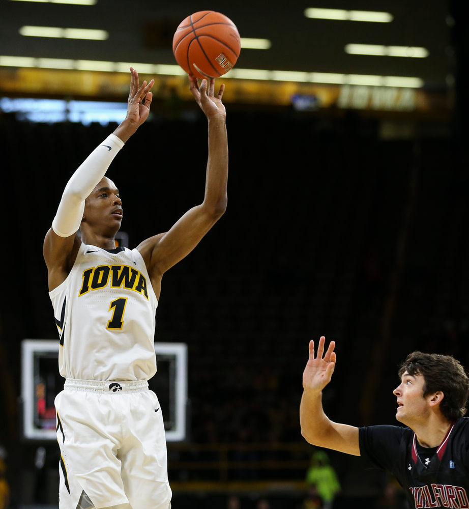 Iowa Hawkeyes guard Maishe Dailey (1) puts up a 3-pointer during a game against Guilford College at Carver-Hawkeye Arena on November 4, 2018. (Tork Mason/hawkeyesports.com)