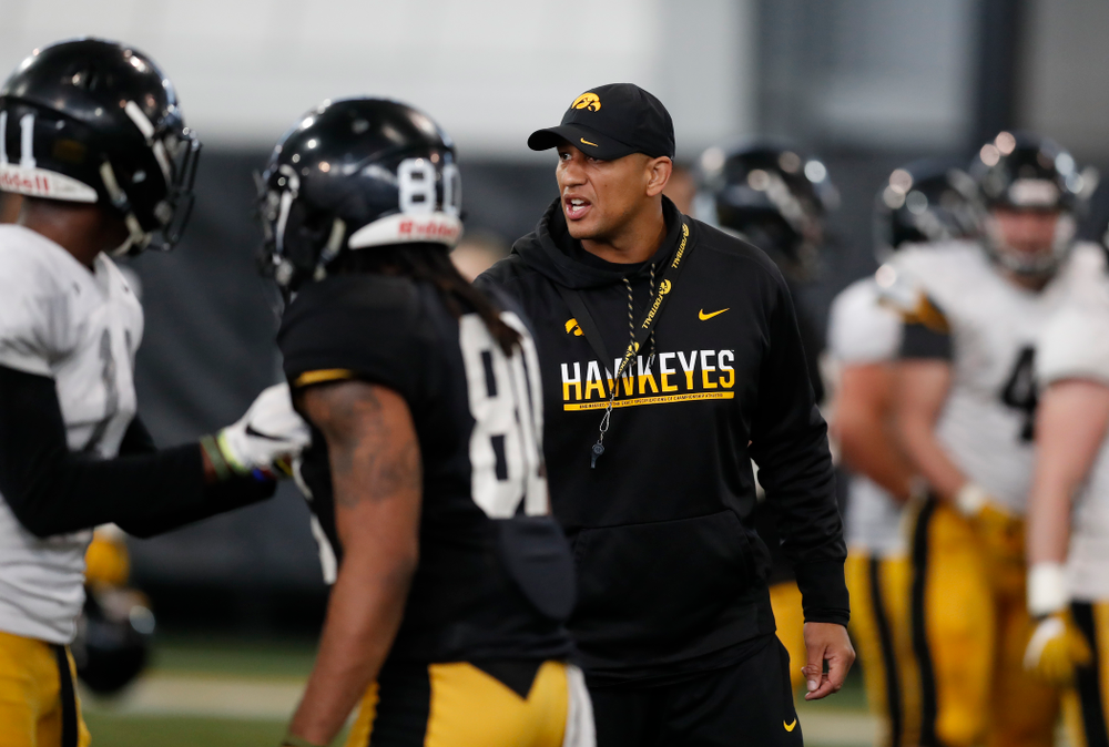 Iowa Hawkeyes special teams coach Levar Woods during spring practice Wednesday, March 28, 2018 at the Hansen Football Performance Center. (Brian Ray/hawkeyesports.com)