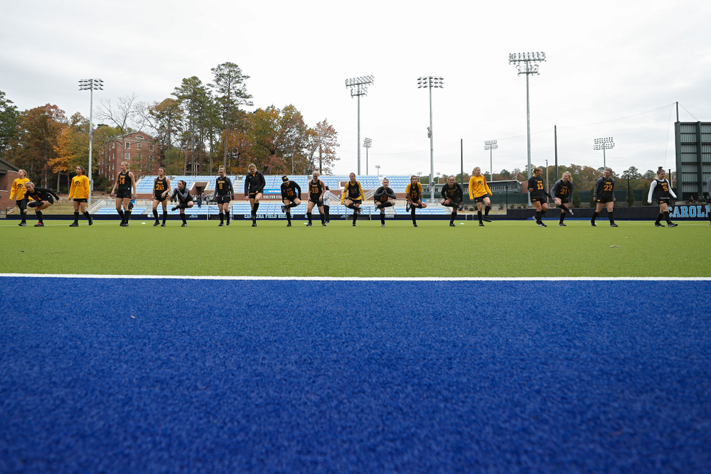 The Iowa Hawkeyes warm up for their practice at Karen Shelton Stadium in Chapel Hill, N.C. on Thursday, Nov 14, 2019. (Stephen Mally/hawkeyesports.com)