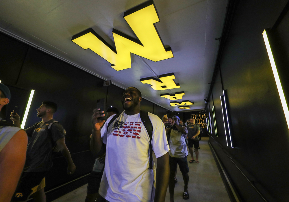 The Hawkeye Football Team sees the updates to their entrance tunnel at Kinnick Stadium for the first time Thursday, August 22, 2019 in Iowa City. (Brian Ray/hawkeyesports.com)