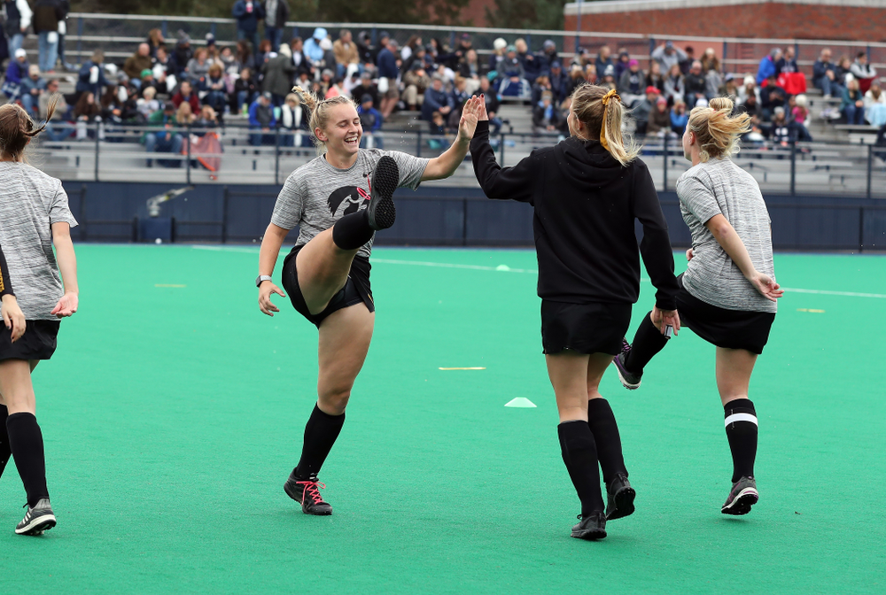 Iowa Hawkeyes Katie Birch (11) and Ellie Holley (7) warm up for their game against Penn State in the 2019 Big Ten Field Hockey Tournament Championship Game Sunday, November 10, 2019 in State College. (Brian Ray/hawkeyesports.com)
