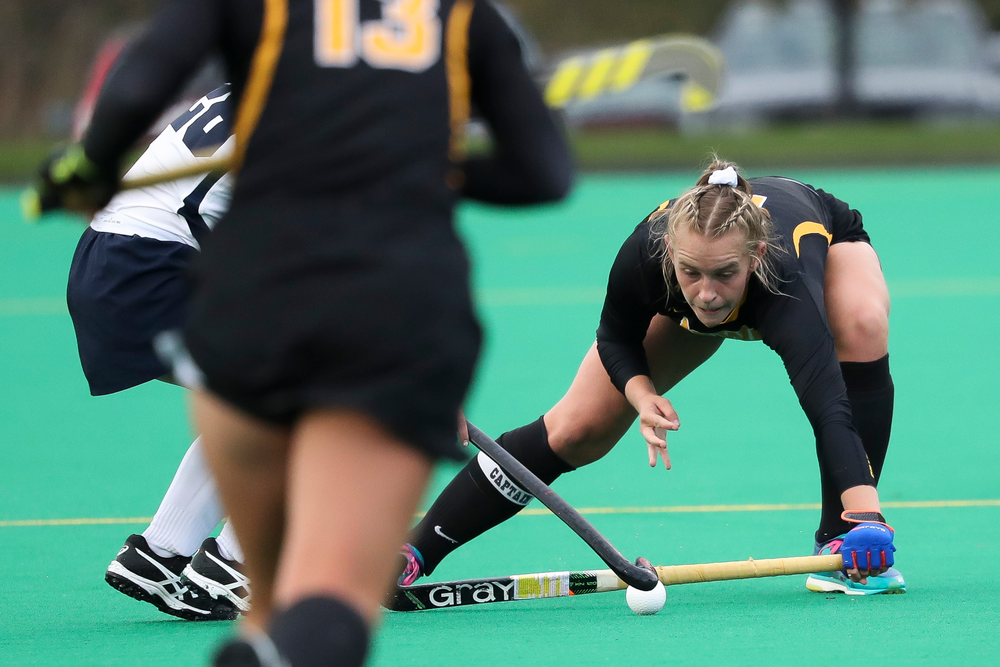 Iowa Hawkeyes midfielder Katie Birch (11) blocks a pass during a game against No. 6 Penn State at Grant Field on October 12, 2018. (Tork Mason/hawkeyesports.com)