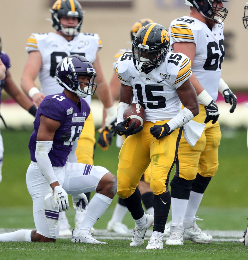 Iowa Hawkeyes running back Tyler Goodson (15) against the Northwestern Wildcats Saturday, October 26, 2019 at Ryan Field in Evanston, Ill. (Brian Ray/hawkeyesports.com)