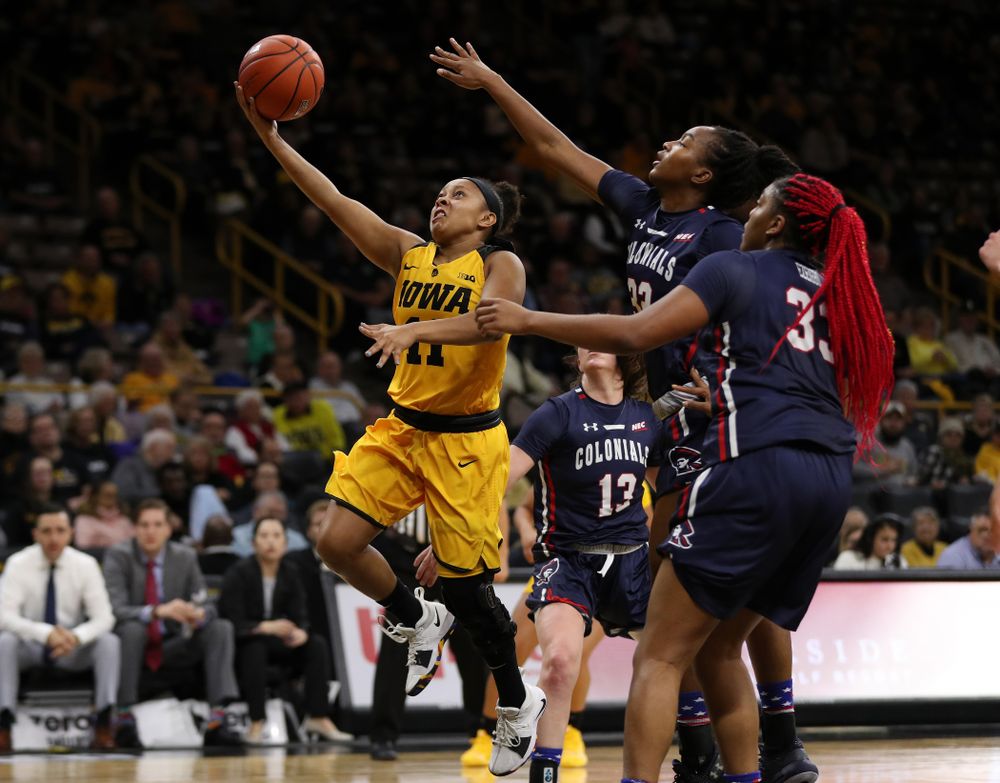Iowa Hawkeyes guard Tania Davis (11) against the Robert Morris Colonials Sunday, December 2, 2018 at Carver-Hawkeye Arena. (Brian Ray/hawkeyesports.com)