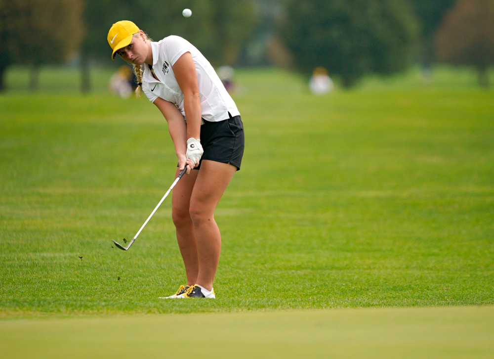 Iowa’s Lilly Gentzkow chips onto the green during their dual against Northern Iowa at Pheasant Ridge Golf Course in Cedar Falls on Monday, Sep 2, 2019. (Stephen Mally/hawkeyesports.com)