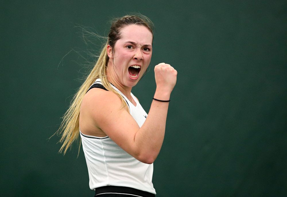Iowa’s Samantha Mannix during her singles match at the Hawkeye Tennis and Recreation Complex in Iowa City on Sunday, February 16, 2020. (Stephen Mally/hawkeyesports.com)