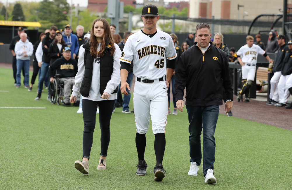 Iowa Hawkeyes Kyle Shimp (45) during senior day festivities before their game against Michigan State Sunday, May 12, 2019 at Duane Banks Field. (Brian Ray/hawkeyesports.com)