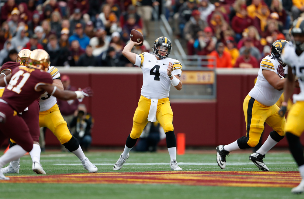 Iowa Hawkeyes quarterback Nate Stanley (4) against the Minnesota Golden Gophers Saturday, October 6, 2018 at TCF Bank Stadium. (Brian Ray/hawkeyesports.com)