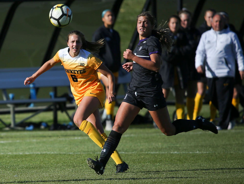 Iowa Hawkeyes midfielder Isabella Blackman (6) passes the ball during a game against Northwestern at the Iowa Soccer Complex on October 21, 2018. (Tork Mason/hawkeyesports.com)